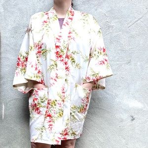 Vintage Japanese Floral Bamboo Open Front Kimono Robe